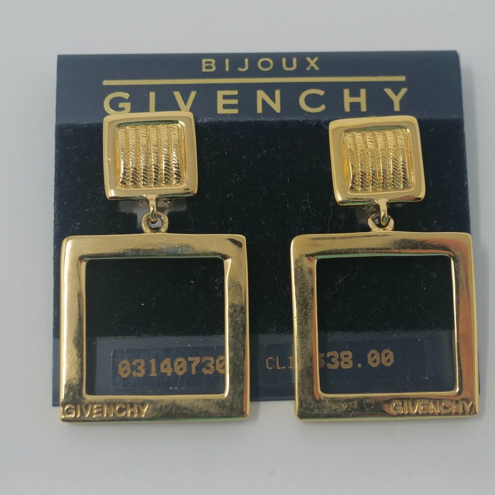 vtg 80s BIJOUX GIVENCHY Signed Bold Square Dangle Clip On Gold Earrings NOS
